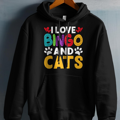 Black hoodie with "I LOVE BINGO AND CATS" text in colorful block letters.