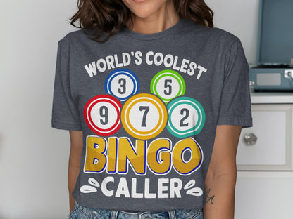 T-shirt with "World's Coolest Bingo Caller" text and bingo balls.