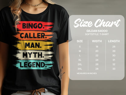 Black t-shirt with "BINGO. CALLER. MAN. MYTH. LEGEND." text and a size chart.