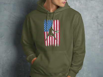 Green hoodie with distressed US flag and tennis player silhouette.