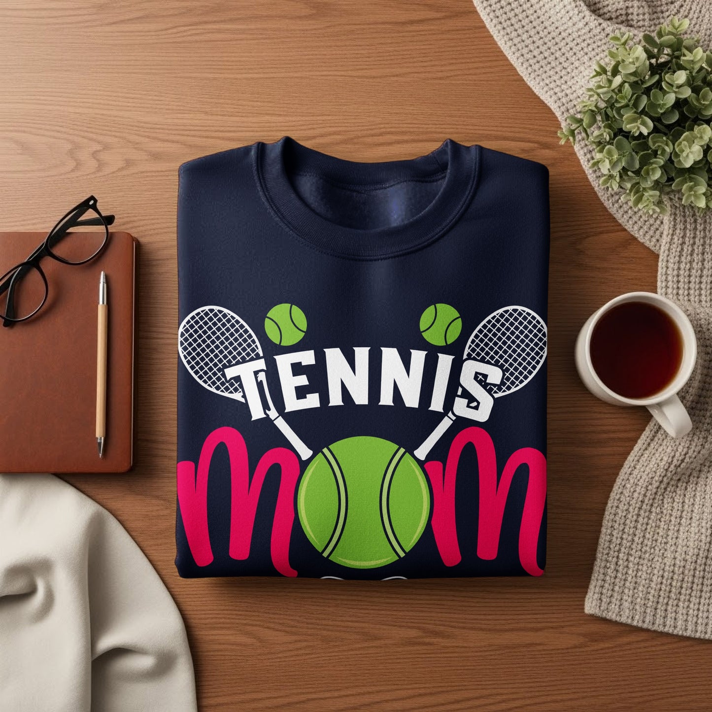 Navy sweatshirt with "TENNIS MOM" text, tennis rackets, and ball graphic.