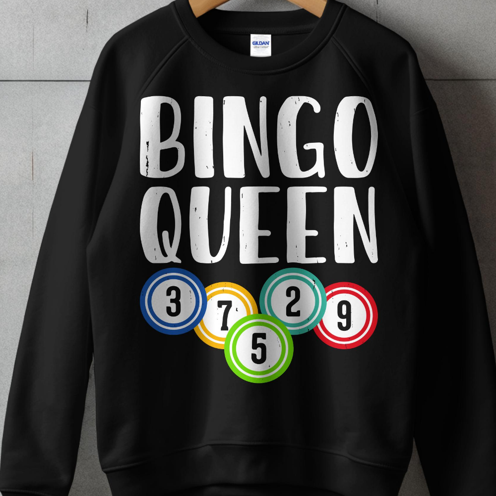 Black sweatshirt with "BINGO QUEEN" and colorful bingo balls.