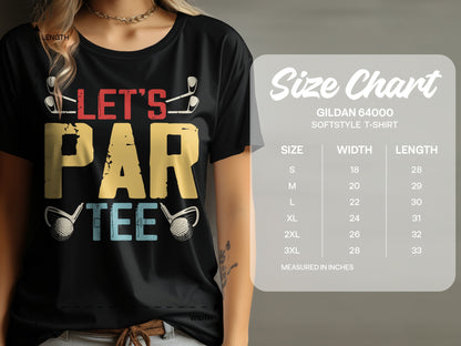 Black t-shirt with "Let's Par Tee" graphic and size chart.