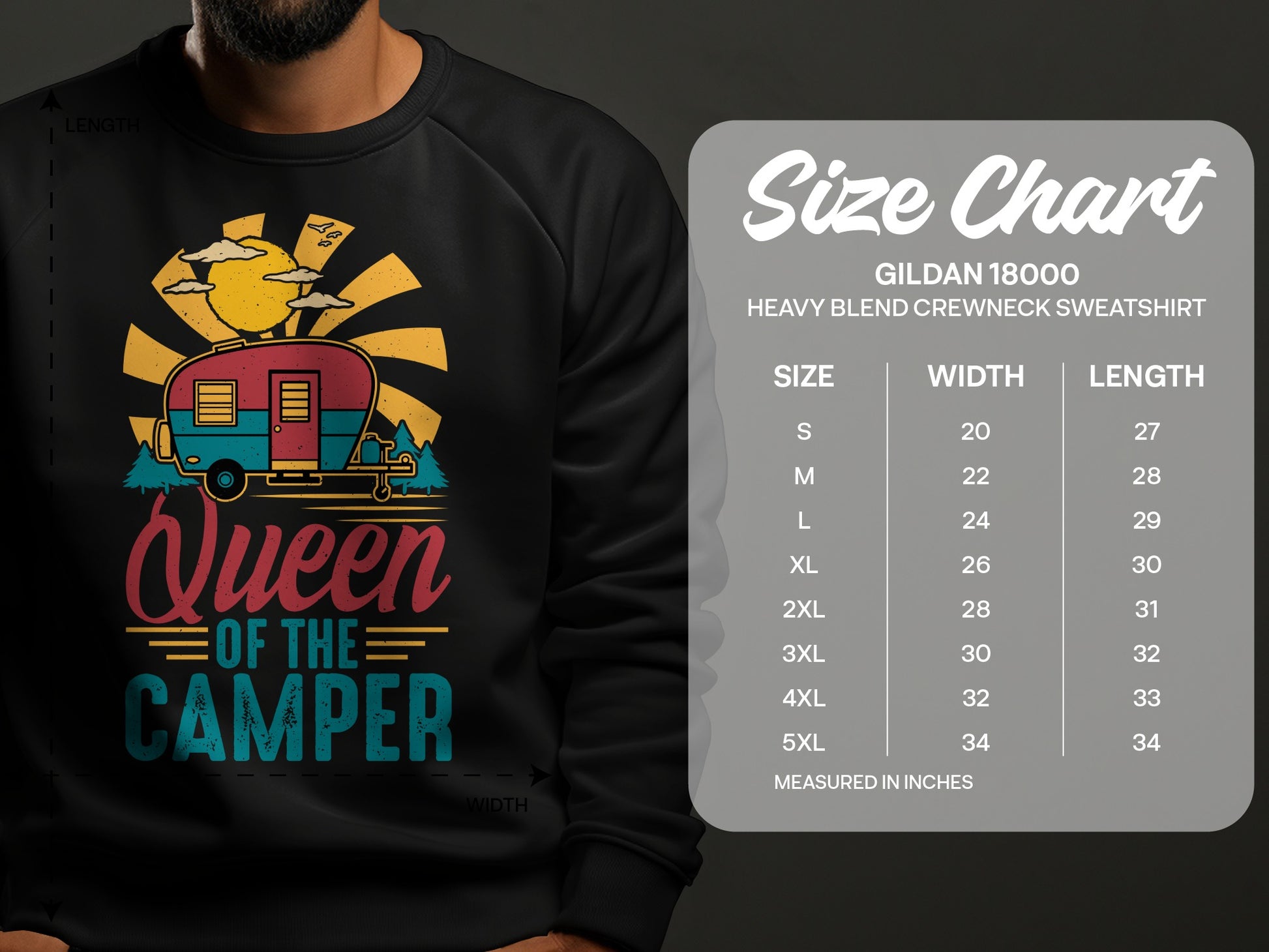 Crewneck sweatshirt size chart featuring "Queen of the Camper" graphic.