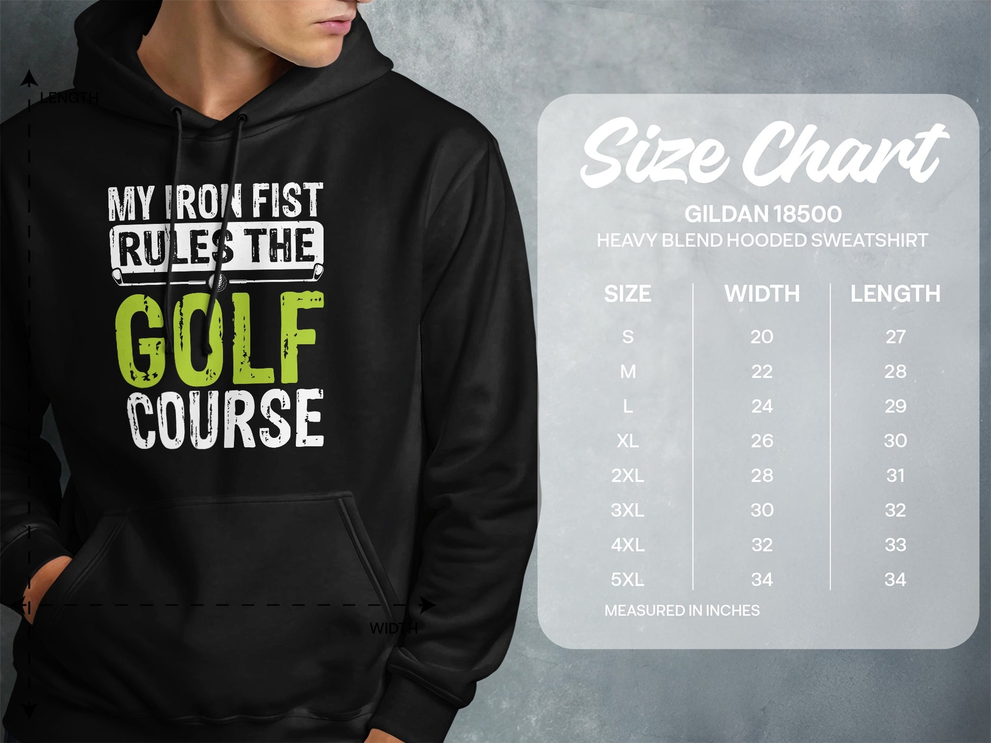 Hooded sweatshirt with "My Iron Fist Rules the Golf Course" graphic and size chart.