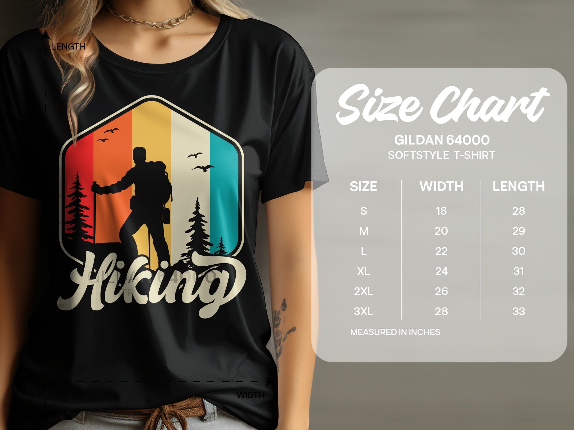 T-shirt with a vintage hiker graphic and a size chart.