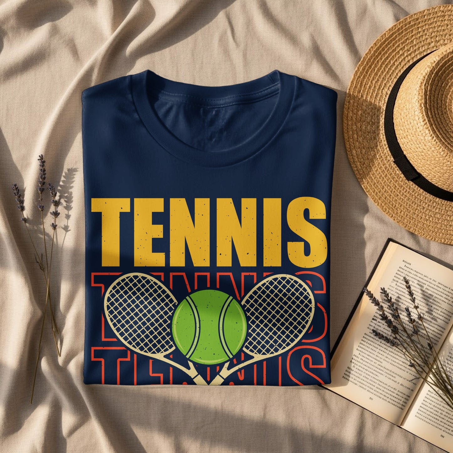 Navy t-shirt with "TENNIS" text and two crossed racquets and ball.