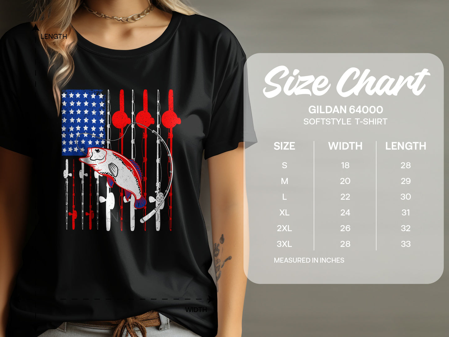 T-shirt with American flag design and fishing rods, with size chart.