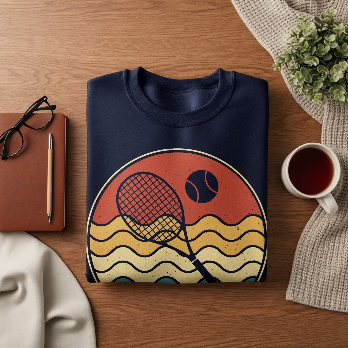 Navy sweatshirt with a vintage-style tennis graphic of a racket and ball.