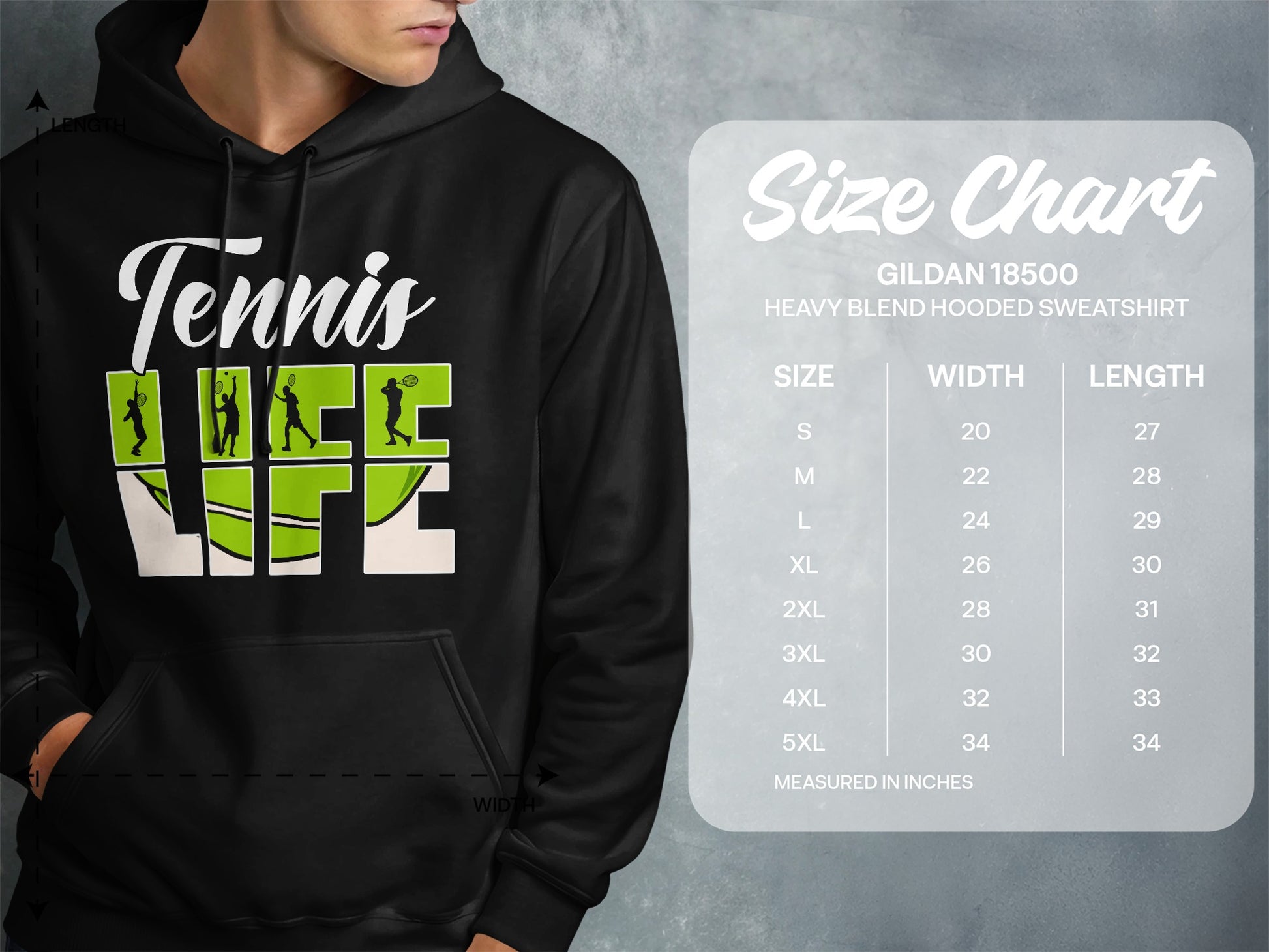 Hooded sweatshirt with "Tennis Life" graphic and Gildan 18500 size chart.