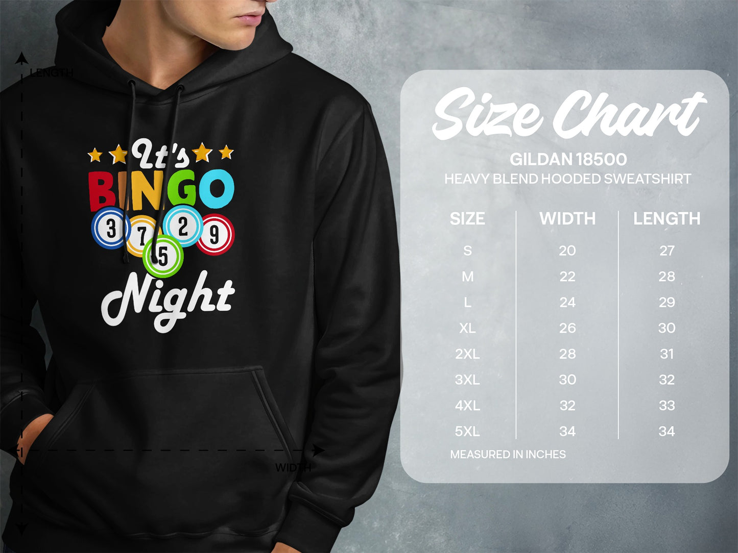 Black hoodie with "It's Bingo Night" design and size chart for Gildan 18500 sweatshirt.