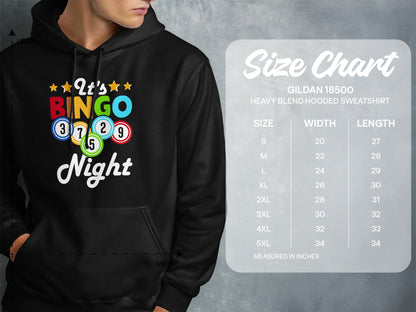 Black hoodie with "It's Bingo Night" design and size chart for Gildan 18500 sweatshirt.