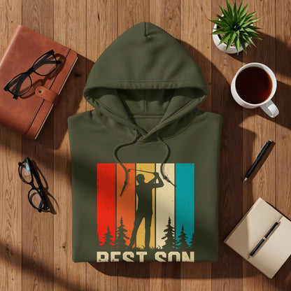Green hoodie with a vintage golf graphic and "Best Son" text.