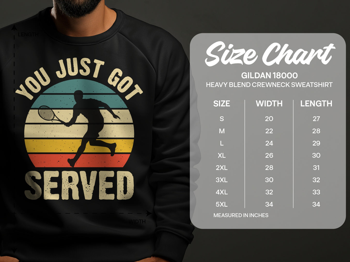 Sweatshirt with "YOU JUST GOT SERVED" text and tennis player graphic, next to size chart.
