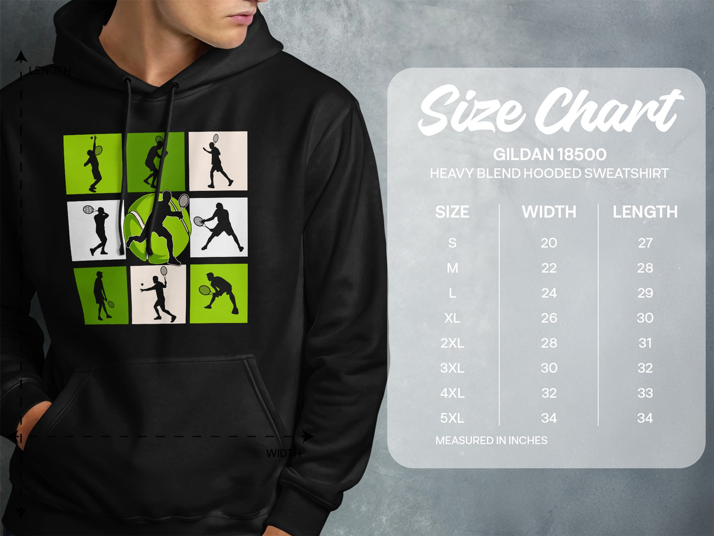 Gildan 18500 hooded sweatshirt size chart with dimensions.