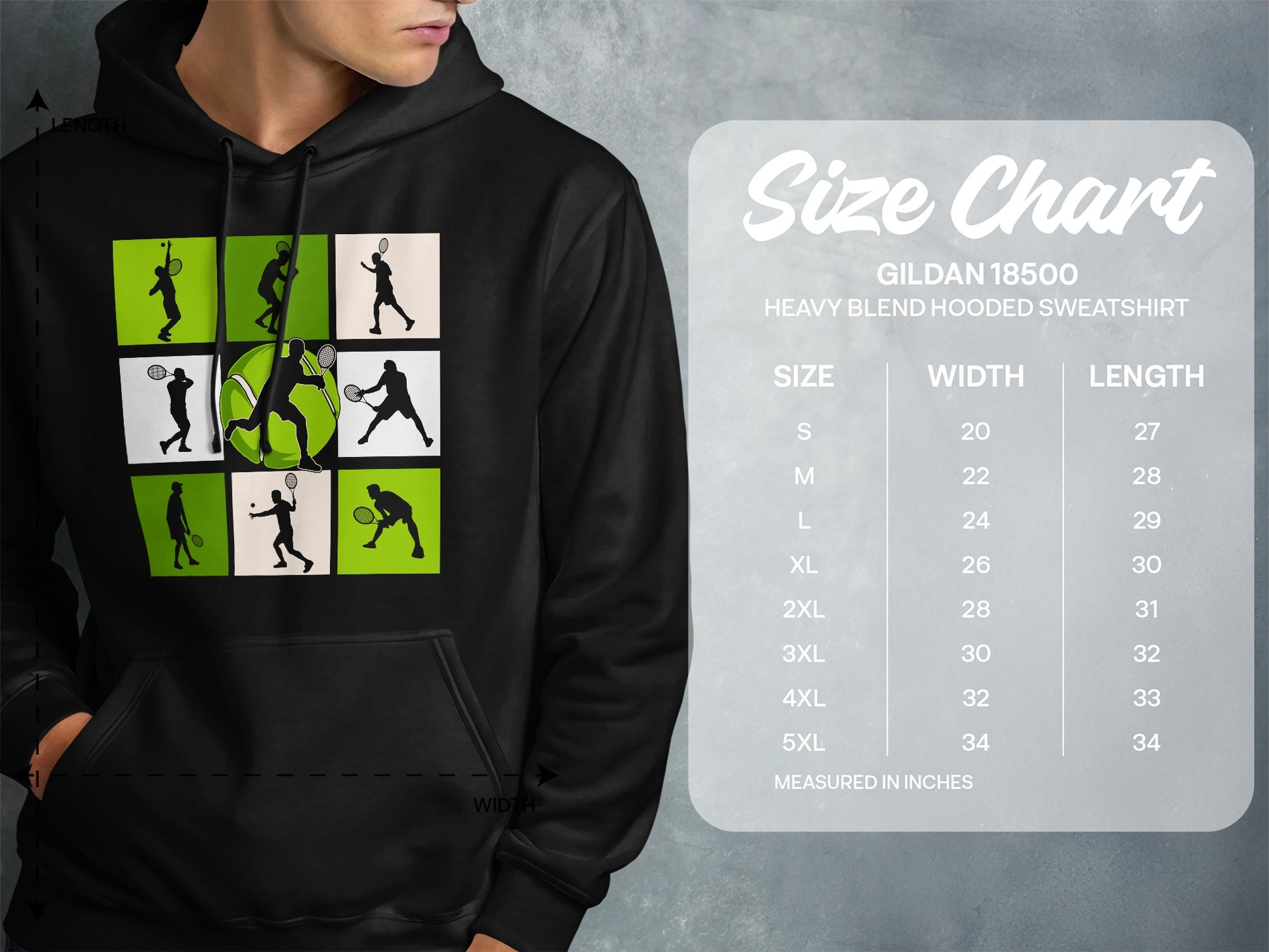 Gildan 18500 hooded sweatshirt size chart with dimensions.