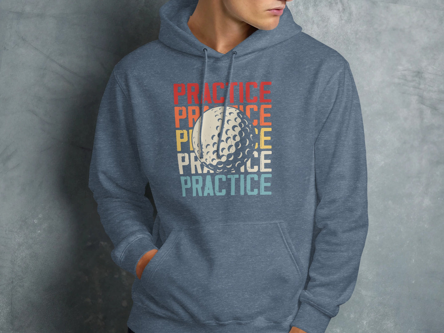 Blue hoodie with "PRACTICE" text and golf ball graphic.