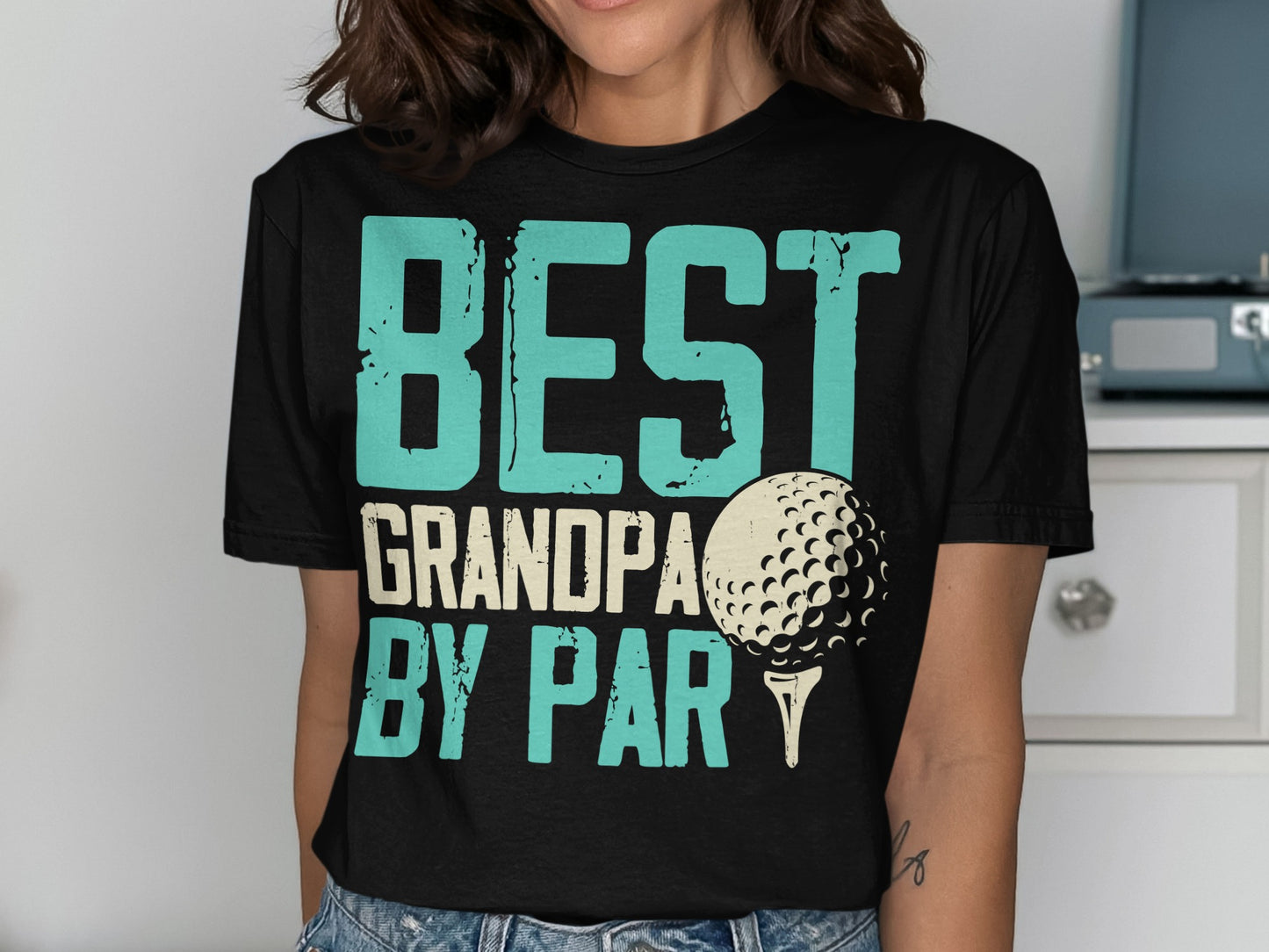 Black t-shirt with "BEST GRANDPA BY PAR" and a golf ball.
