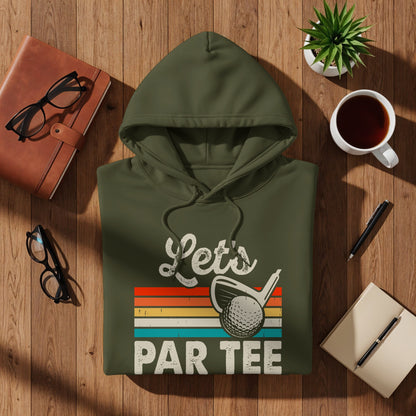 Green hoodie with "Let's PAR TEE" text and golf club graphic.