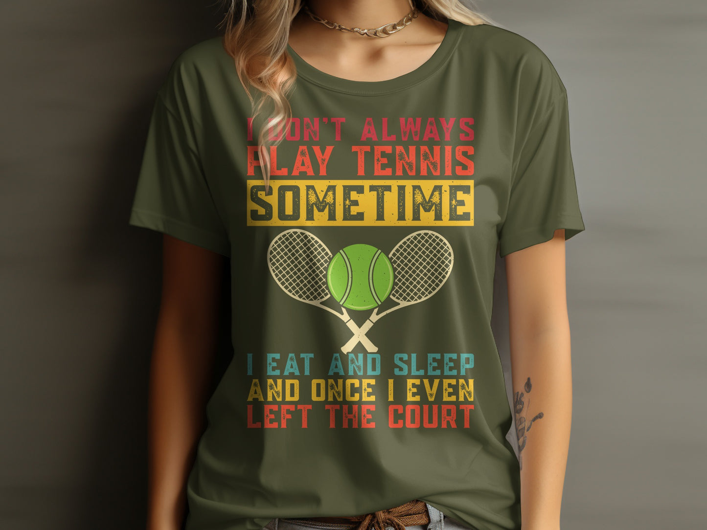 T-shirt with tennis rackets, balls, and text about playing tennis.