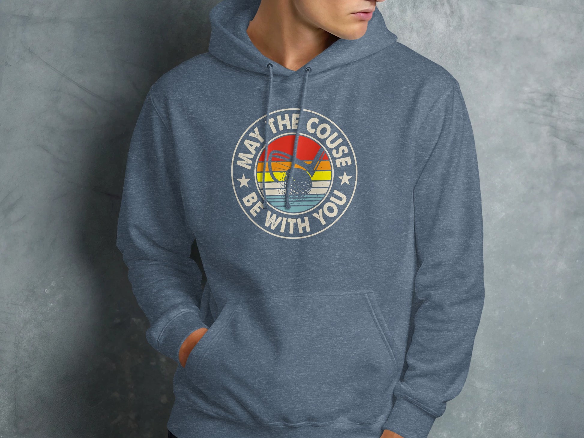 Blue hoodie with circular graphic: "May the couse be with you" and a golf club.