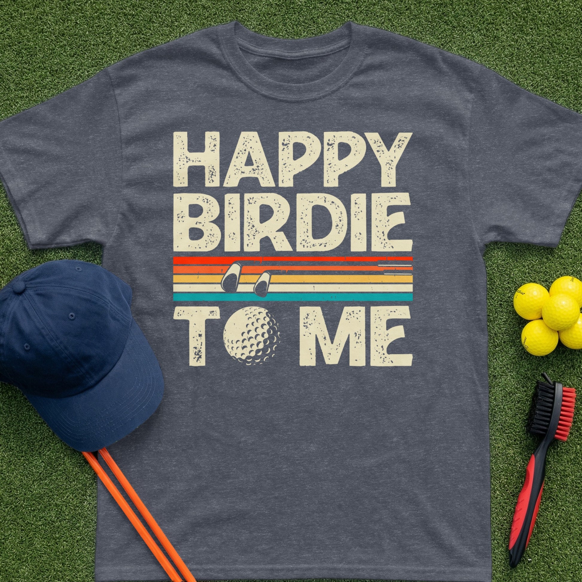 Charcoal t-shirt with "Happy Birdie To Me" text and golf imagery.