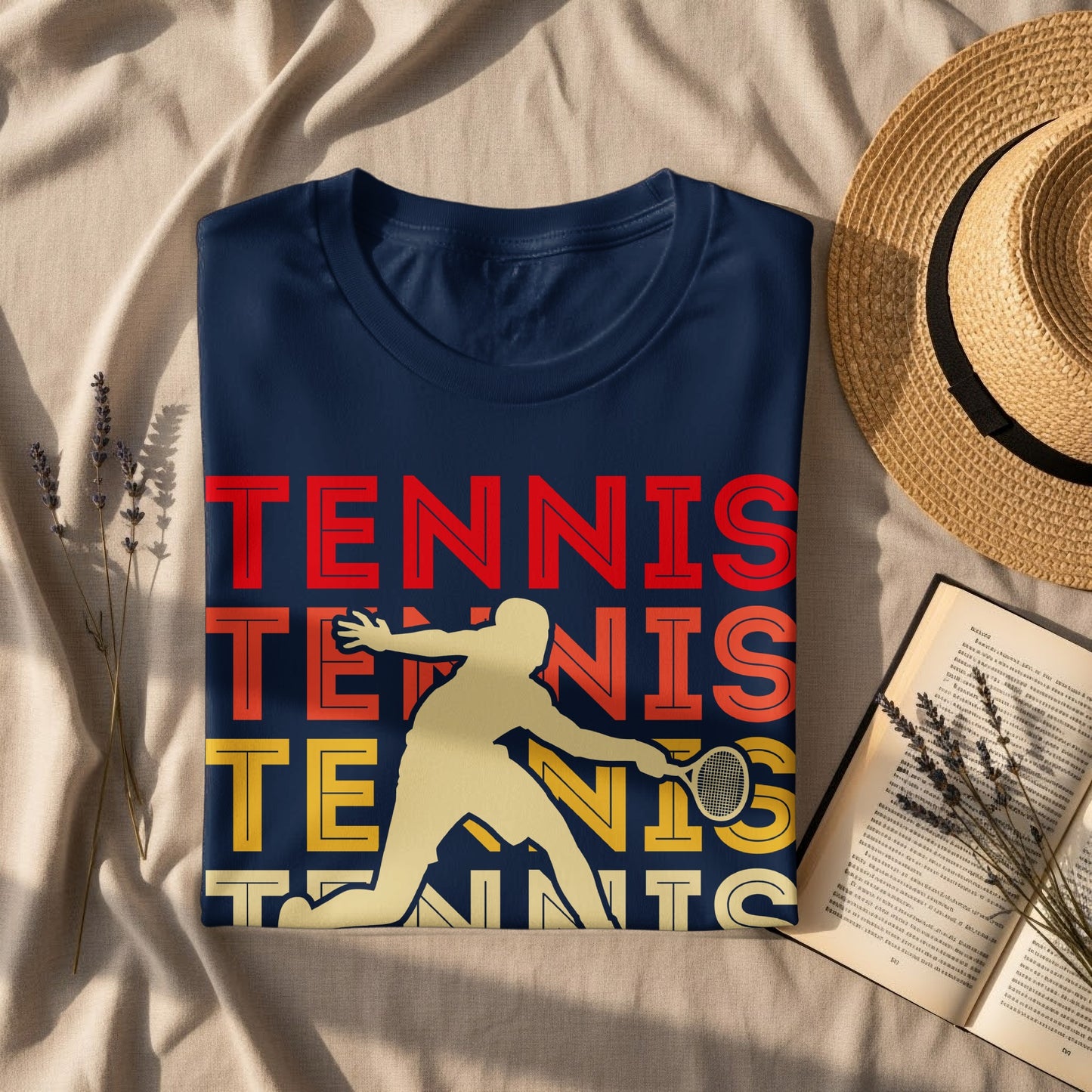 Navy t-shirt with "TENNIS TENNIS TENNIS" text and a tennis player silhouette.