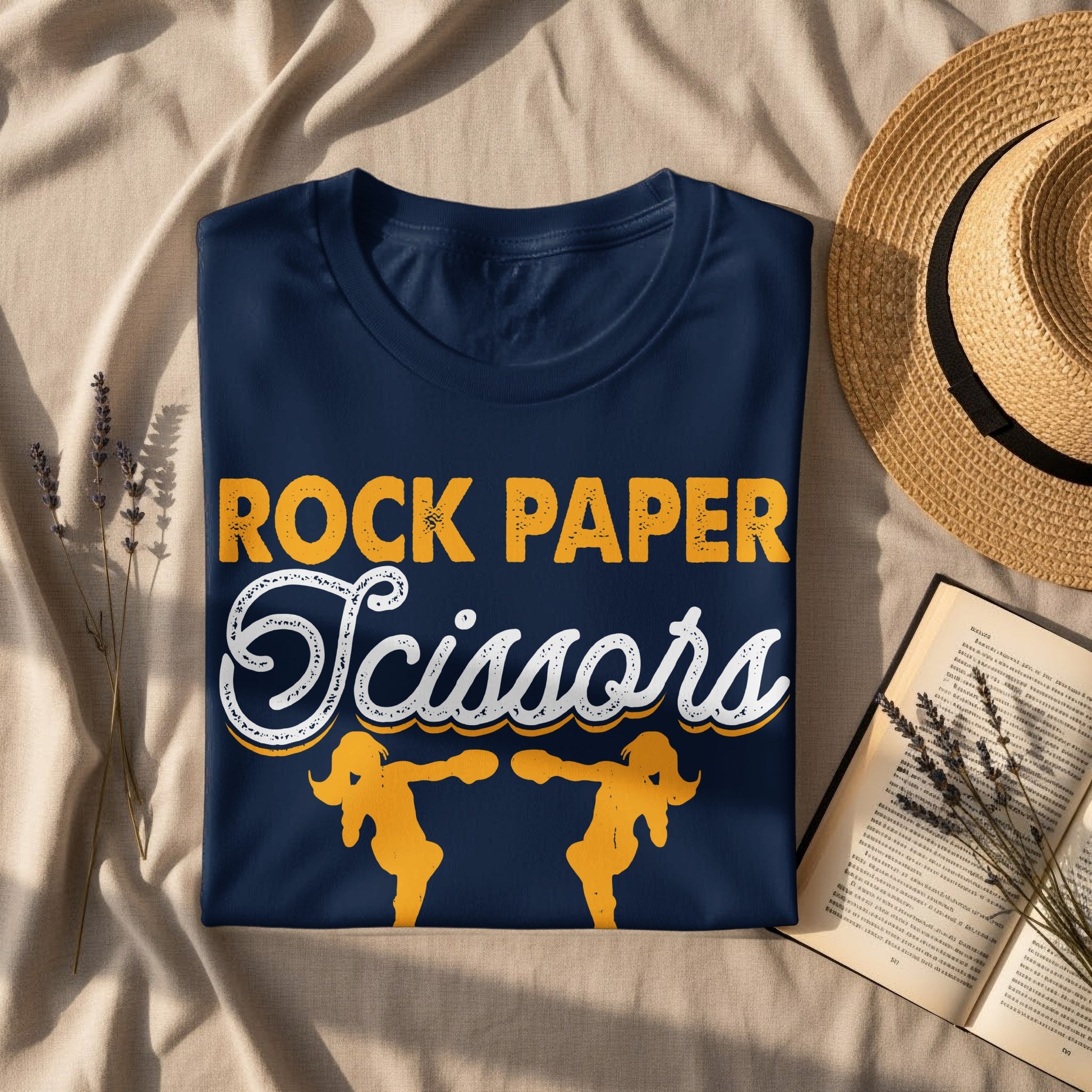 Navy t-shirt with "Rock Paper Scissors" text and two figures.