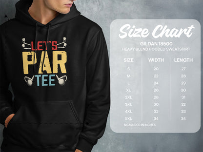 Size chart for Gildan 18500 hooded sweatshirt with measurement details.