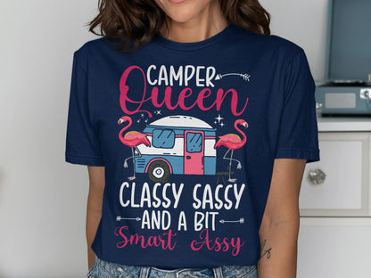 Navy t-shirt with camper, flamingos, and text "Camper Queen Classy Sassy And A Bit Smart Assy".