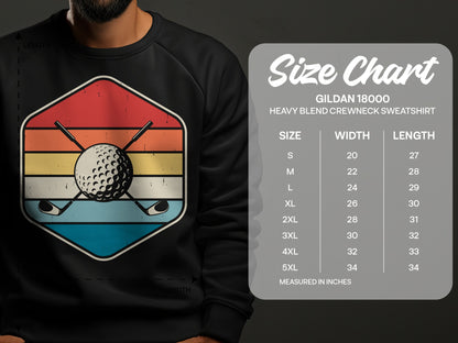Golf ball and clubs graphic on vintage striped background, size chart.