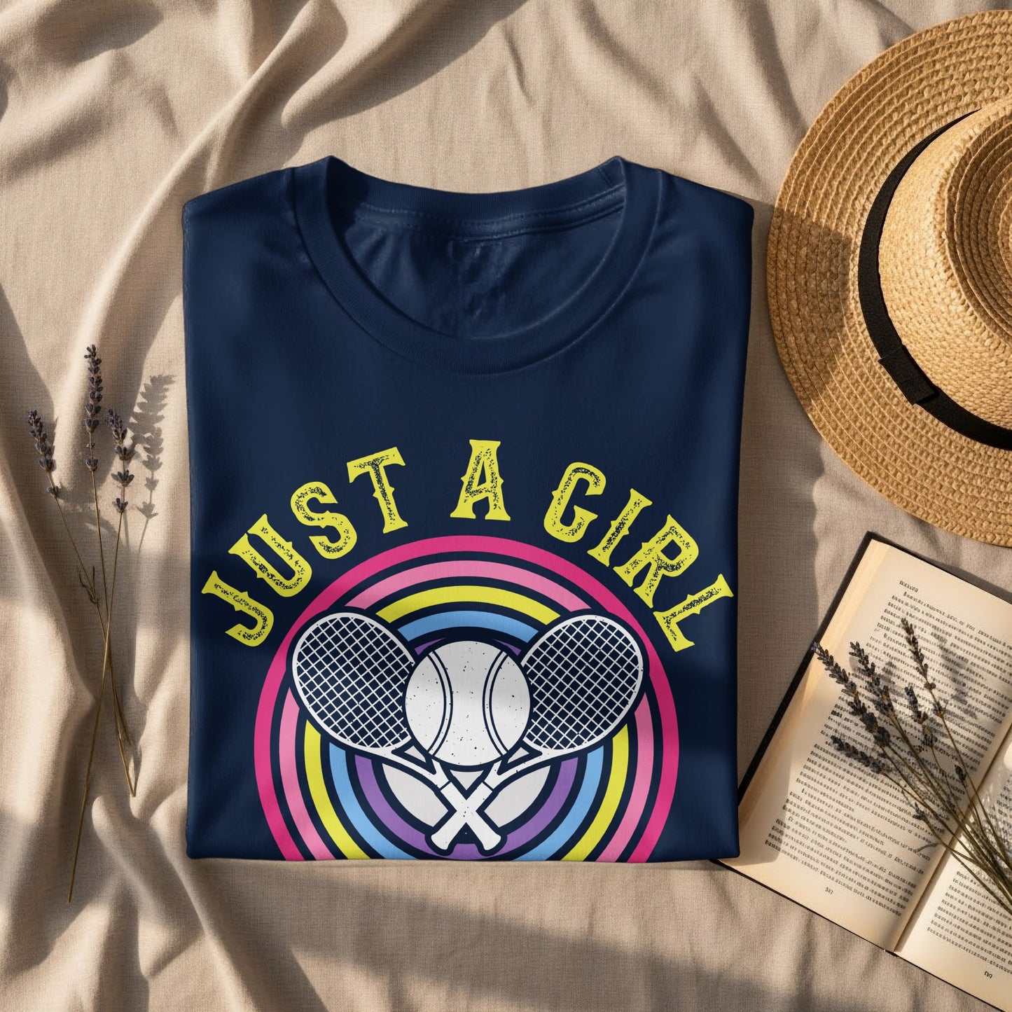 Navy t-shirt with "JUST A GIRL" text, tennis rackets, and rainbow circle design.