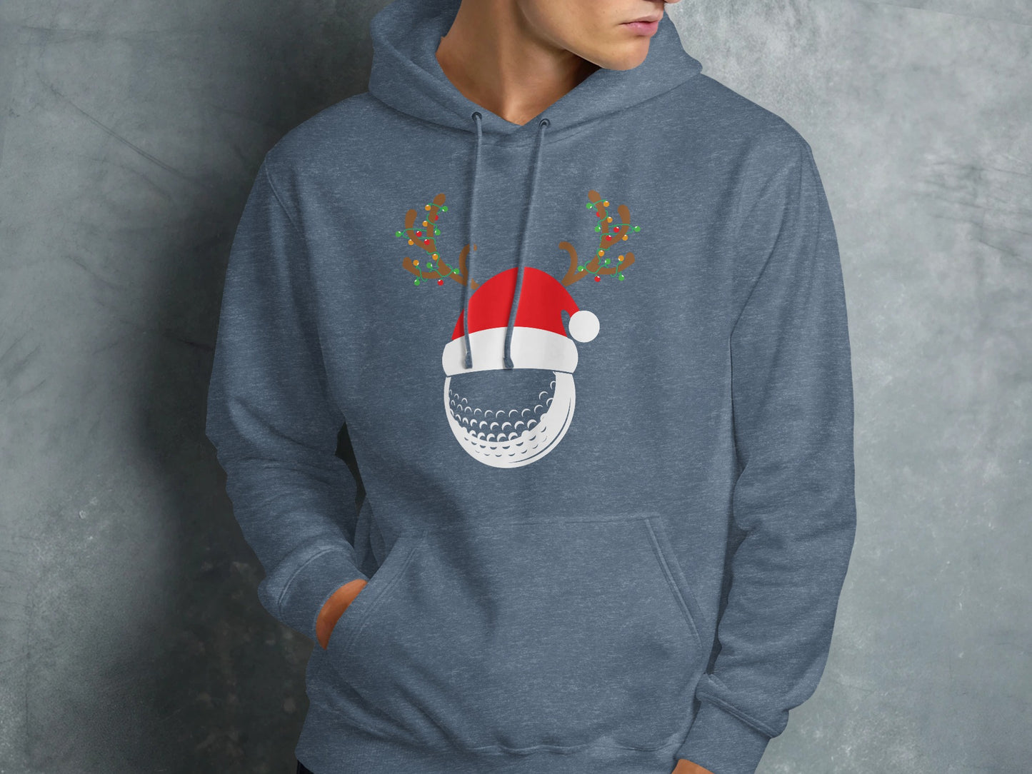 Grey hoodie with festive golf ball and reindeer antlers design.