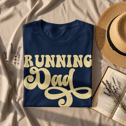Navy t-shirt with "Running Dad" text in distressed yellow lettering.