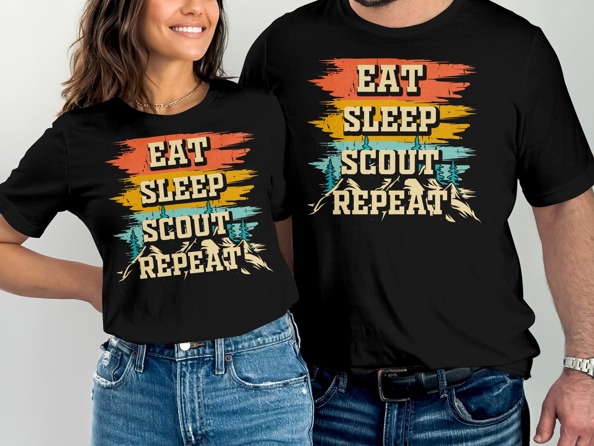 Matching black t-shirts with "Eat Sleep Scout Repeat" graphic.