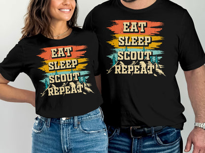 Matching black t-shirts with "Eat Sleep Scout Repeat" graphic.