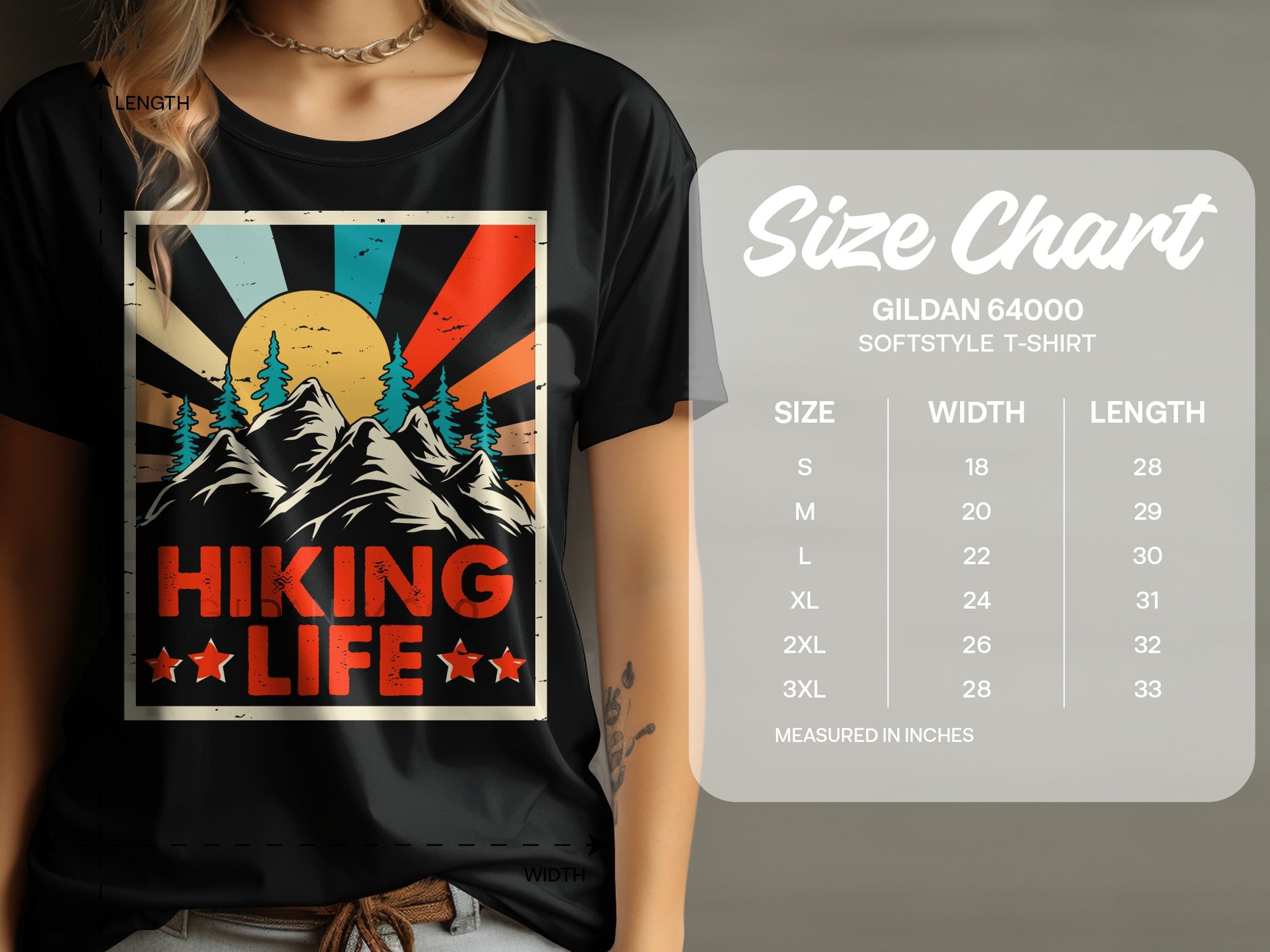 Vintage style t-shirt graphic with "Hiking Life" text and a size chart.