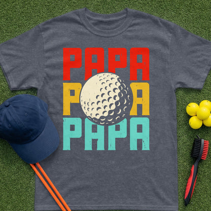 Dark grey t-shirt with "Papa" text and golf ball design.