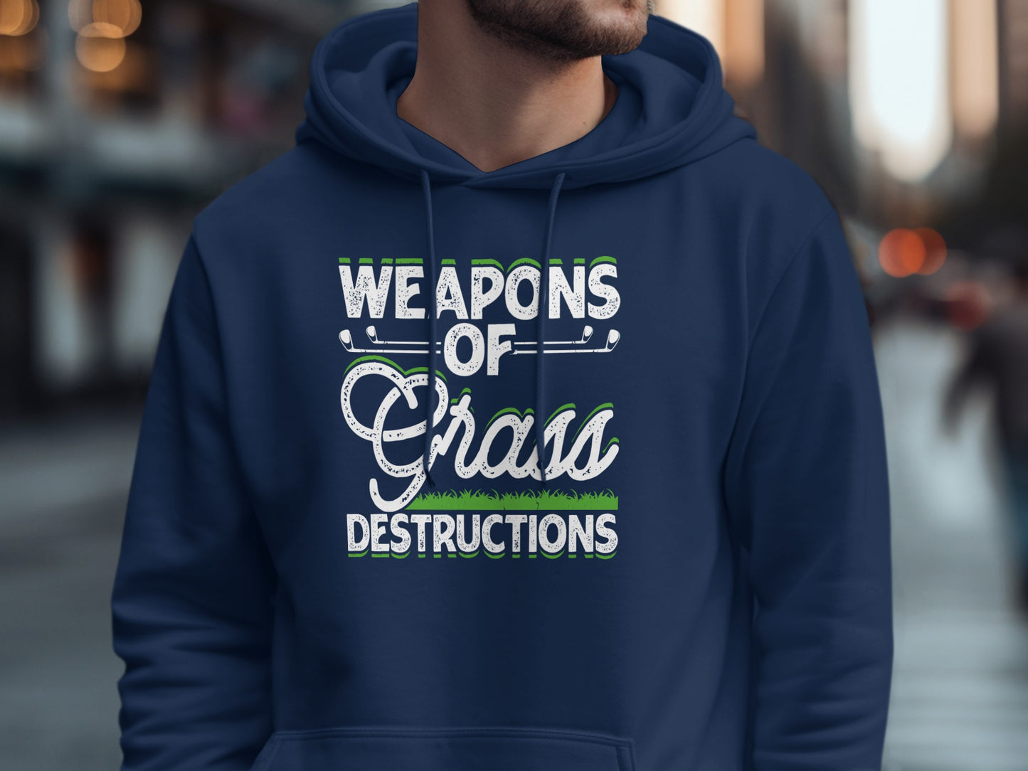 Navy hoodie with "Weapons of Grass Destructions" text and golf clubs.
