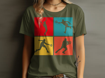 Four tennis player silhouettes in colorful squares on a green t-shirt.