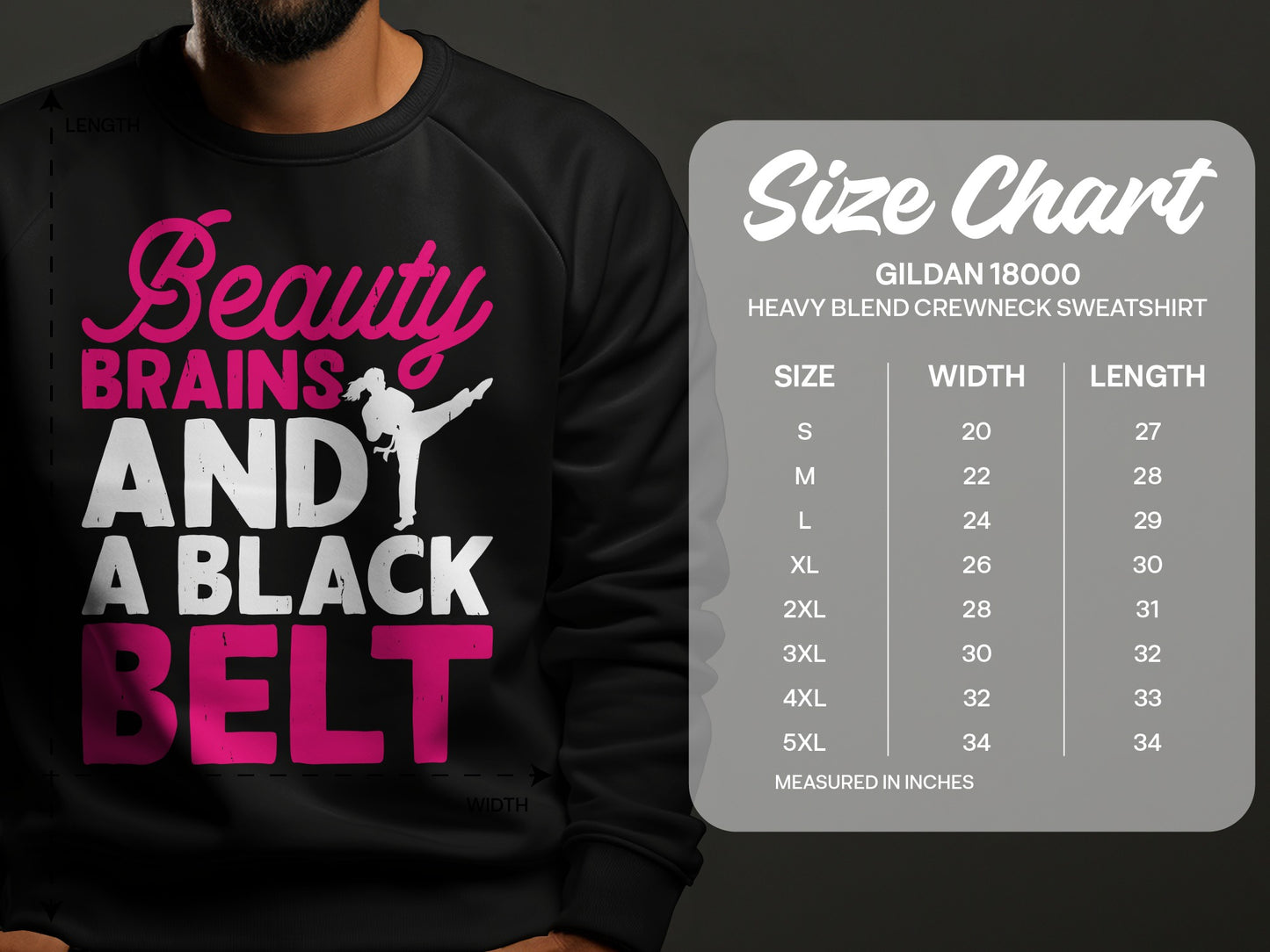 Sweatshirt with "Beauty BRAINS AND A BLACK BELT" text and size chart.