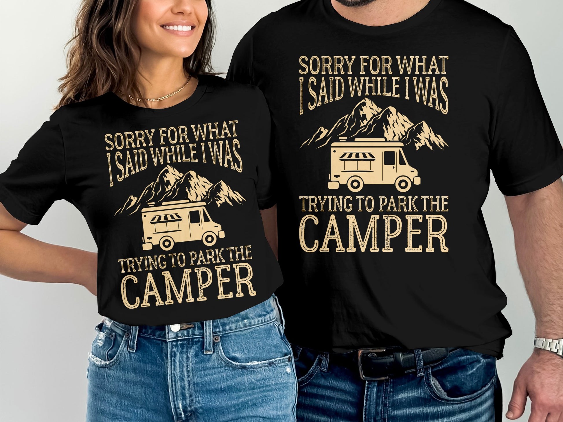 T-shirts with "Sorry for what I said while trying to park the camper" text.