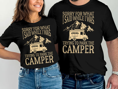 T-shirts with "Sorry for what I said while trying to park the camper" text.