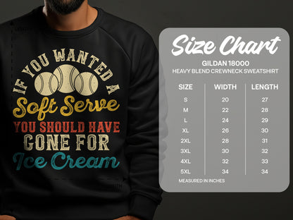 Crewneck sweatshirt size chart for Gildan 18000 with garment dimensions.