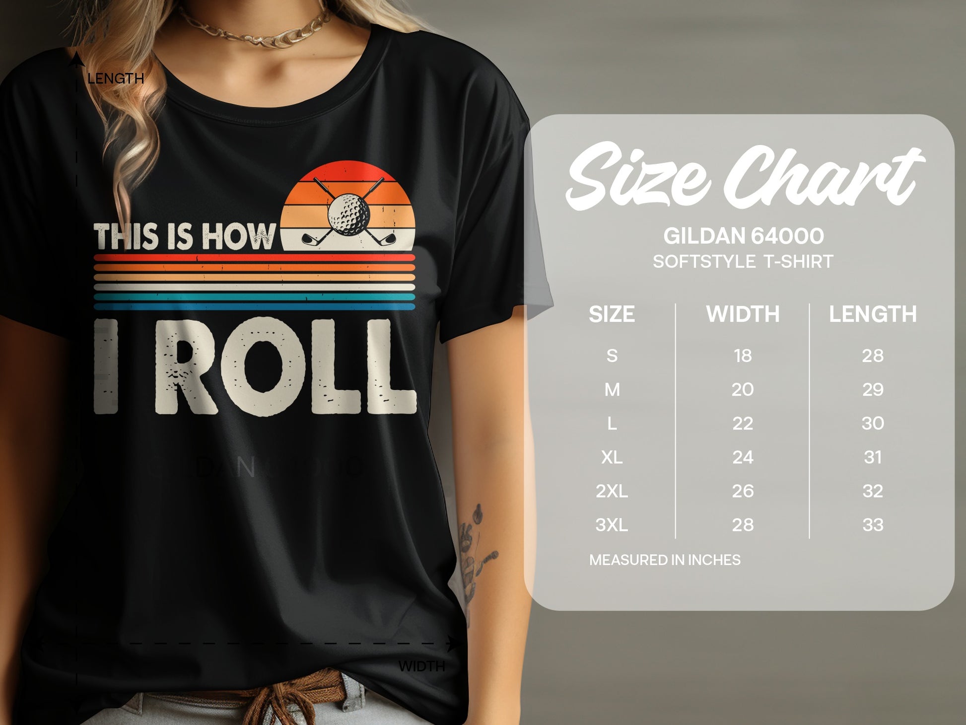 T-shirt with "This is How I Roll" text, golf graphic, and size chart.