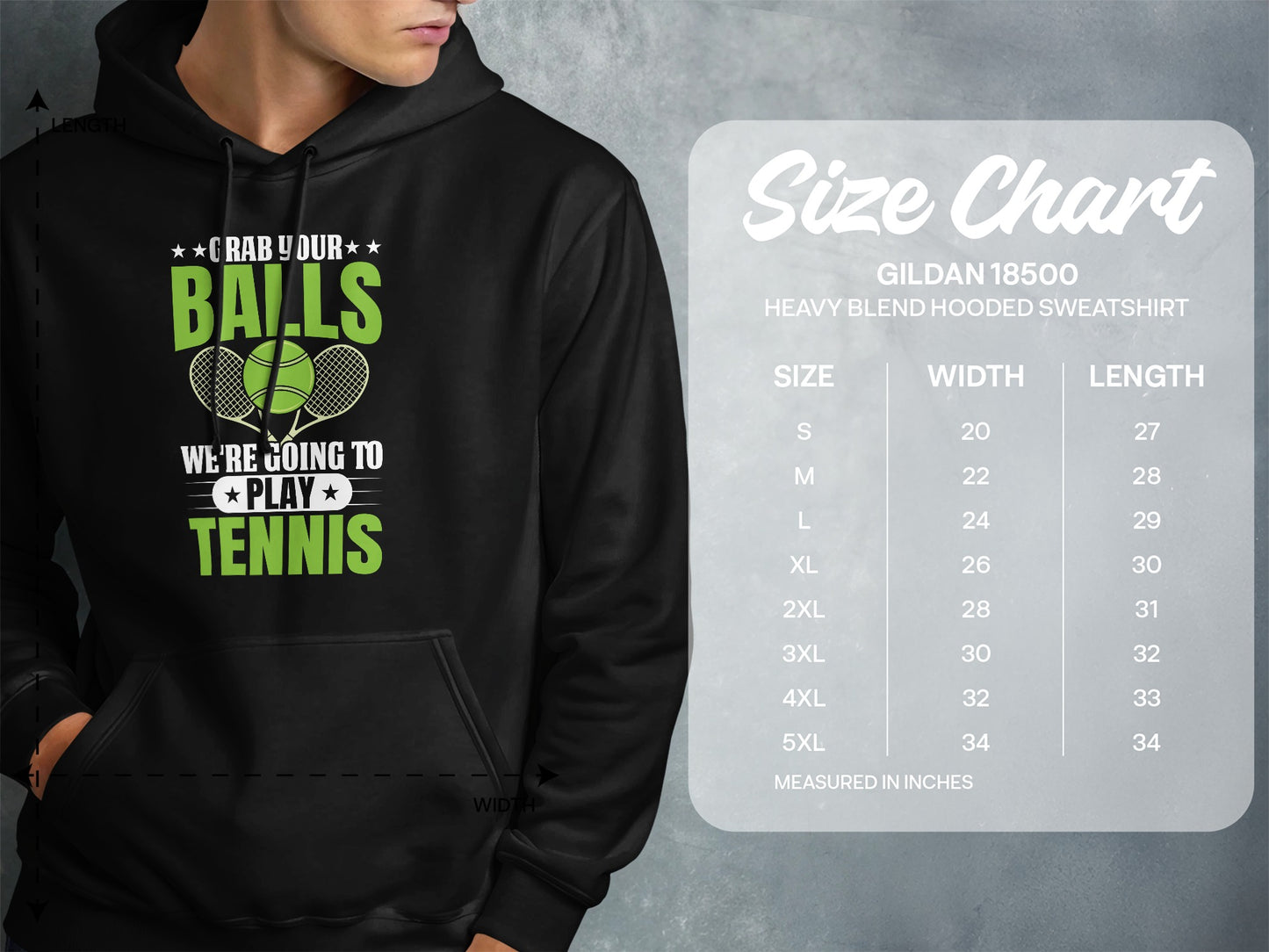 Green and white tennis graphic with text "Crab Your Balls" on a black hoodie.