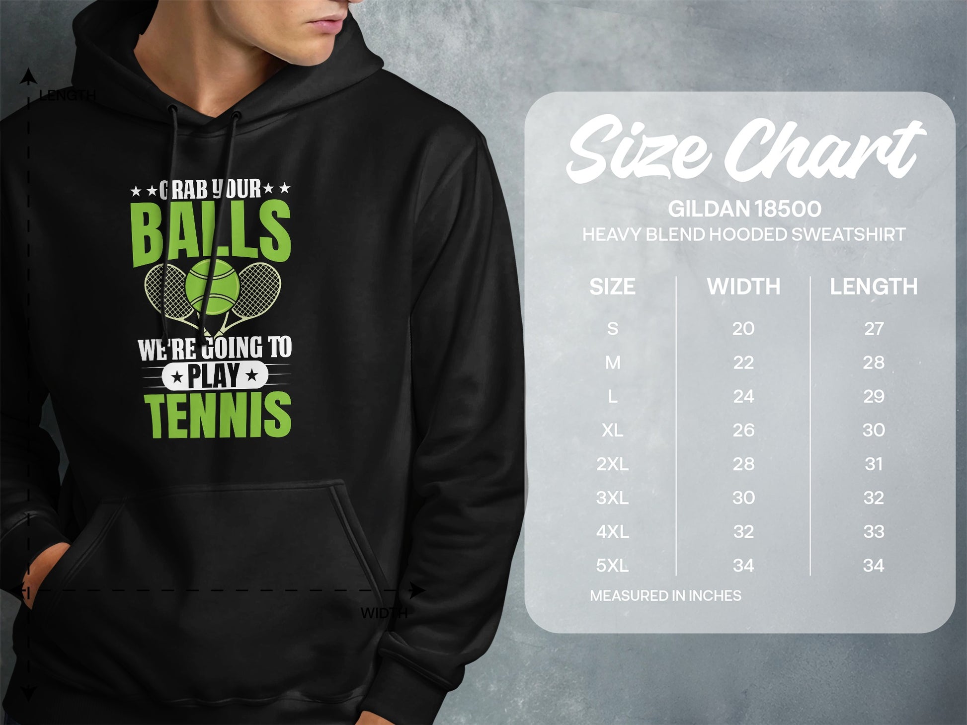 Green and white tennis graphic with text "Crab Your Balls" on a black hoodie.