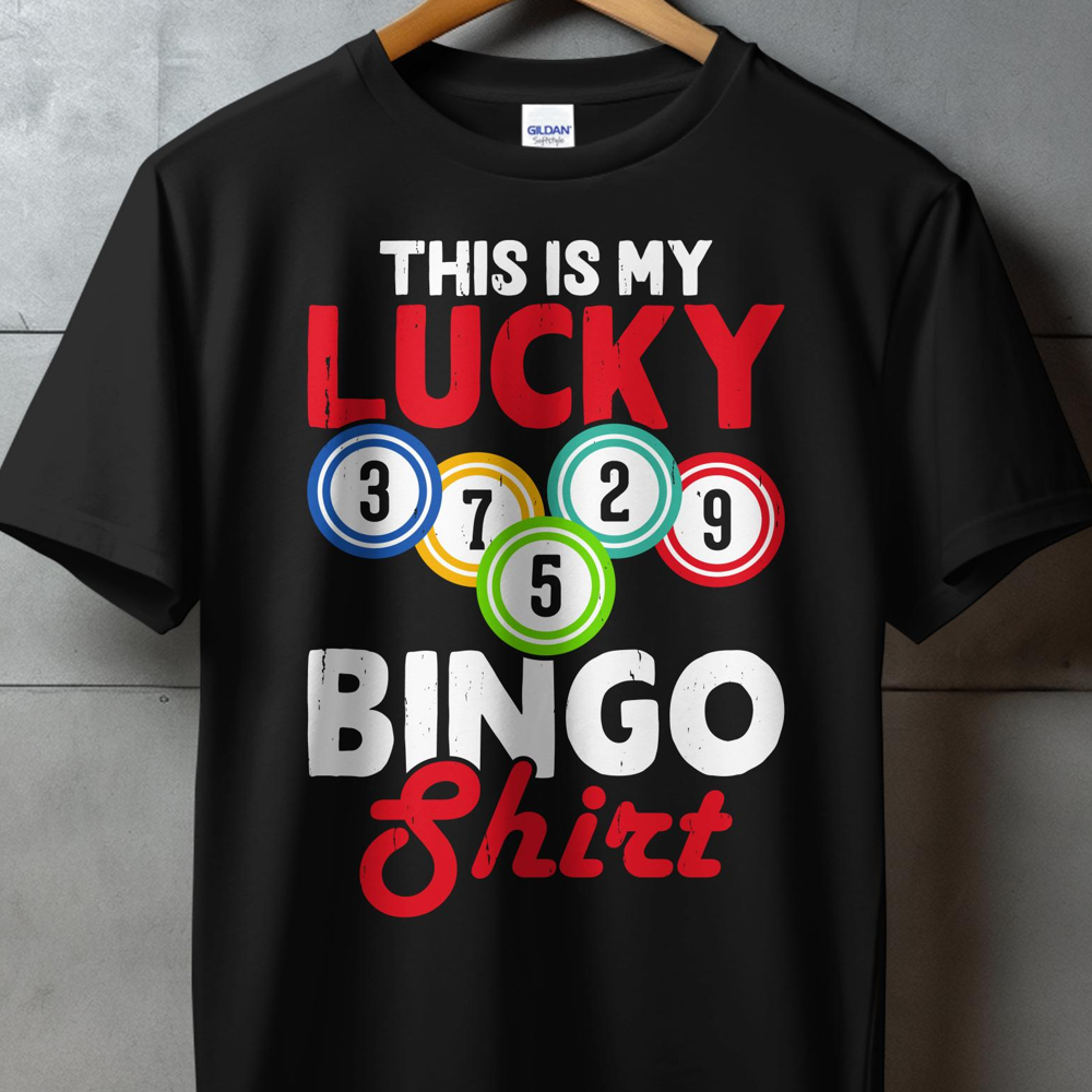 Black t-shirt with "THIS IS MY LUCKY BINGO Shirt" and bingo balls.