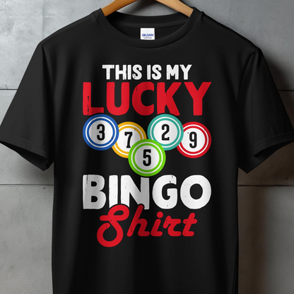 Black t-shirt with "THIS IS MY LUCKY BINGO Shirt" and bingo balls.