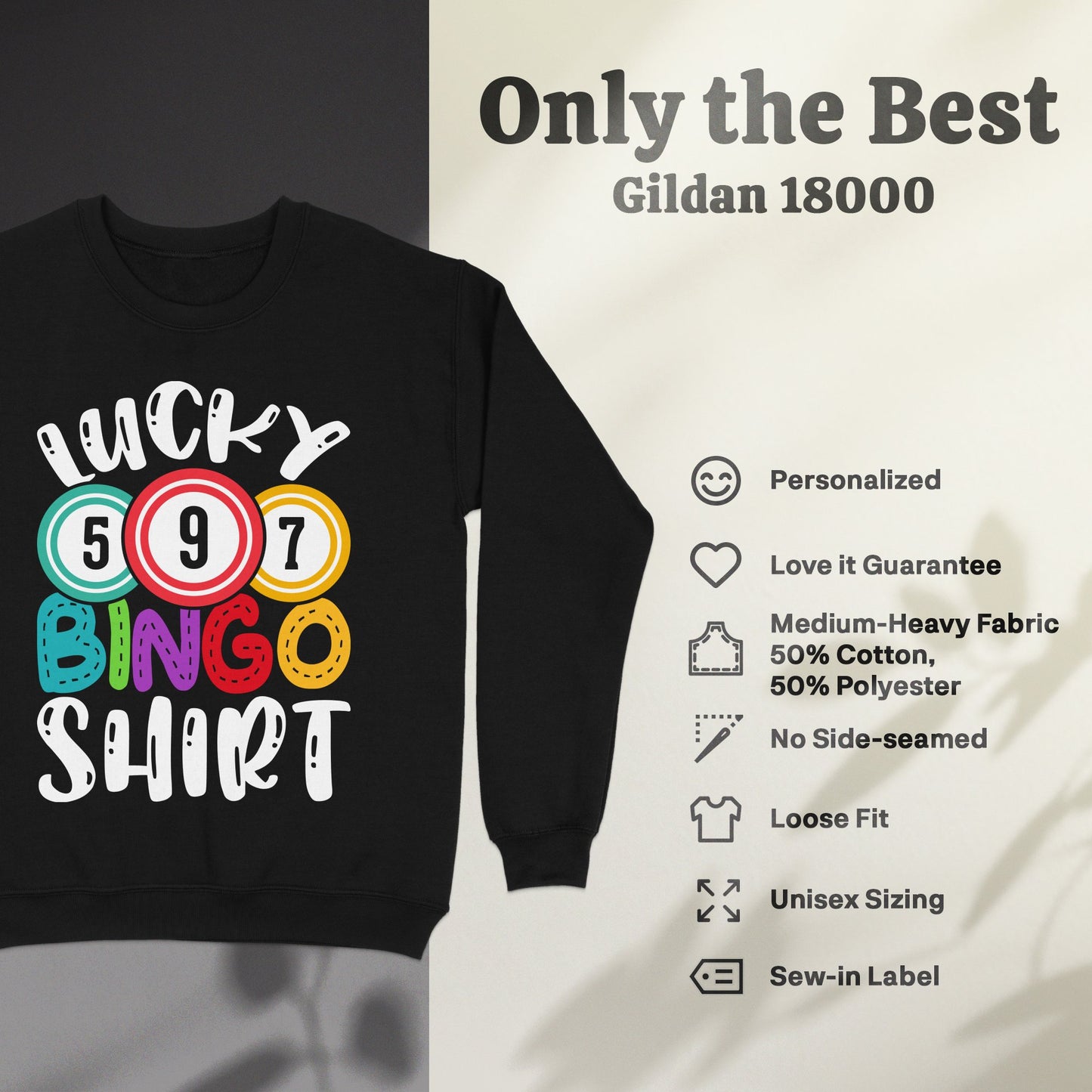 Black Gildan 18000 sweatshirt with "Lucky Bingo Shirt" and playing card suit graphics.